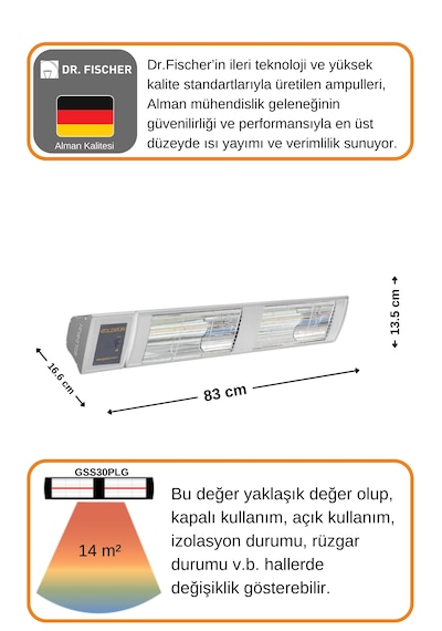 Supra Plus 3000 Watt Gss30plg Düşük Işık Kumandalı Suya Dayanıklı Elektrikli İnfrared Isıtıcı-beyaz