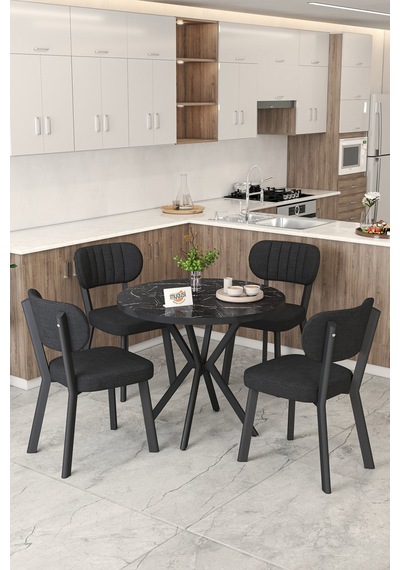 Gnr 90cm Sabit Siyah Mutfak Masası Takımı, Yemek Masası, 4 Modern Siyah Sandalye Siyah
