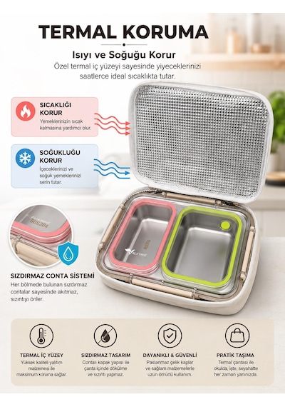 Valkyrie 2 Bölmeli 304 Paslanmaz Çelik Lunch Box Sızdırmaz Renkli Yemek Taşıma Kabı + Termal Çanta Çok Renkli