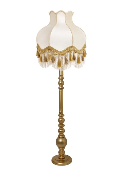 Beyaz Kadife Gold Saçaklı Başlık Gold Ahşap Ayaklı Lambader Vintage Model 170x50cm