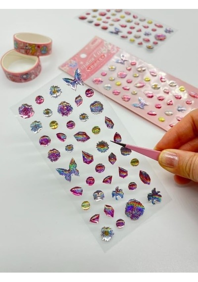 Holografik Çiçek Ve Kelebek Pembe Paket Tek Yaprak 42 Adet Taş Sticker Seti/etiket/çıkartma 1