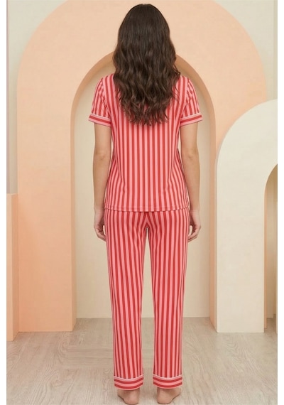 Siyah İnci Pamuklu Likralı Düğmeli Pijama Takım Kırmızı Pembe