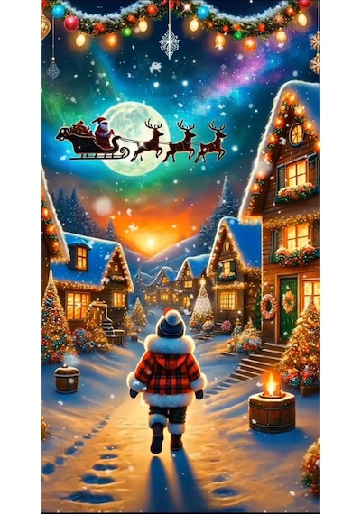 Yılbaşı Köyü Ve Noel Baba Kış Manzarası Cam Tablo Işıklı Kar Temalı Dekor