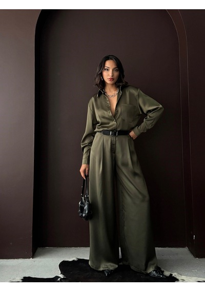 Verymoda Yüksek Bel Bol Paça Saten Pantolon Şık Ve Rahat Tasarım F2052 Haki