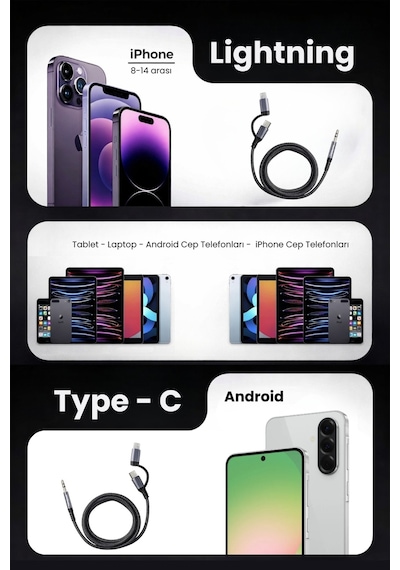 2in1 Android Apple Uyumlu iPhone Type c & Lightning 3 5mm 100cm Aux Ses Kablosu Araç Kulaklık