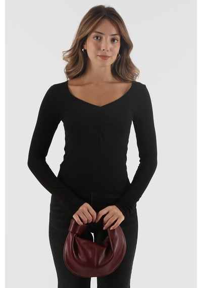 Seeh Siyah Önü Büzgülü Uzun Kollu Kadın Body Sh200