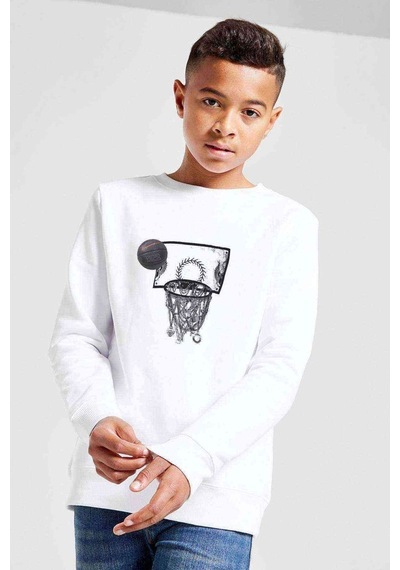 Tshirthane Basketbol Top Pota Baskılı Unisex Çocuk Beyaz Sweatshirt Beyaz