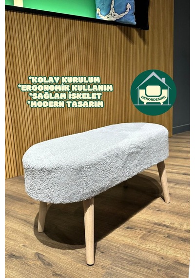 Paris Retro Ahşap Ayaklı Geniş Oturum Alanlı Oval Bench Puf Gri