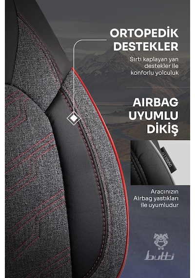 Siyah - Kırmızı Butti Bello Serisi Keten Kumaş Premium Oto Koltuk Kılıfı Ortopedik Destekli, Ön Arka Tam Set