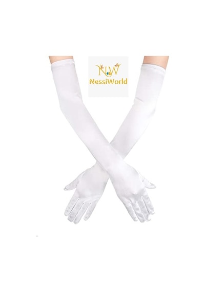 Nessiworld Beyaz Renk Dirseğe Kadar Uzun Kumaş Eldiven 40 Cm