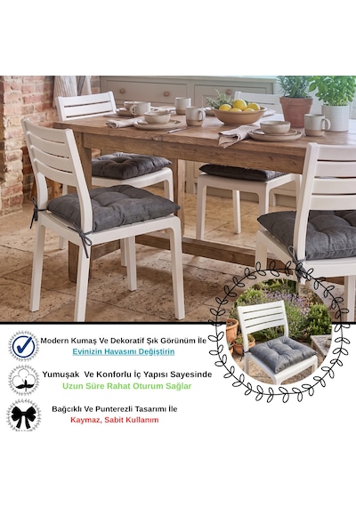 2'li Set 45x45 Cm Antrasit Bağcıklı Sandalye Minderi - Pamuk Polyester Kumaş Kırpıntı Süngerli Bahçe Ve Mutfak Sandalye Minderi Antrasit - Gri
