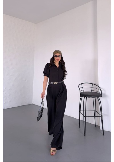 Neşeli Butik Kadın Gömlek Yaka Kemerli Geniş Paça Tulum Nbk4197 Siyah