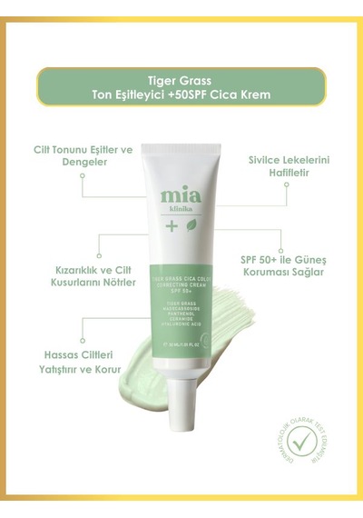 Mia Klinika Tiger Grass Ton Eşitleyici Kızarıklık Karşıtı Cica Krem SPF50 30 ML