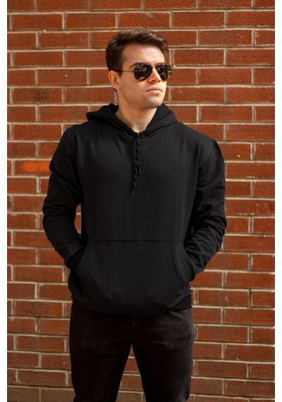 Erkek Siyah Düz Basic Kapüşonlu Cepli Oversize Sweatshirt 21Eswt1