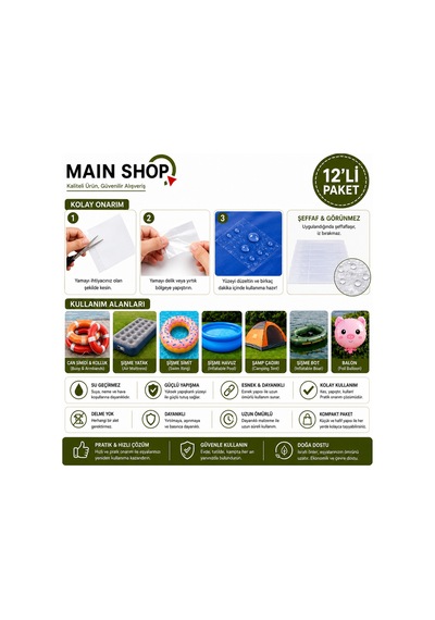 Mainshop 12'li Onarım Yaması - Şişme Havuz, Bot Ve Simit Tamir Kiti M-51