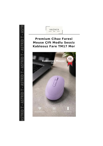 Premium Cihaz Faresi Mouse Çift Modlu Sessiz Kablosuz Fare Tm17 Mor
