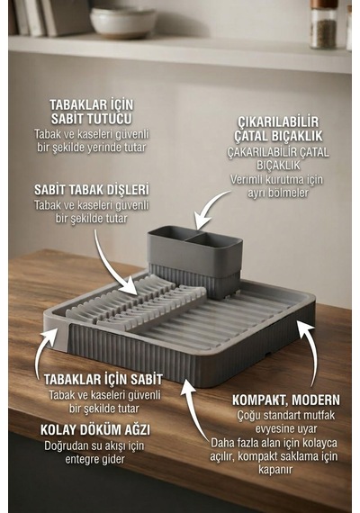 Açılır Kapanır Sürgülü Bulaşıklık, Tabaklık Ve Kaşıklık Gri Tezgâh Üstü Bulaşık Kurutmalık 0
