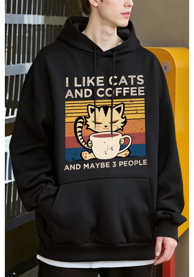 Startmore Startmoresevimli Kedi Kahve İçiyor Desen Erkekler Y2k Hoody Hip Hop Polar Moda Hoodie Büyük Boy Sokak Siyah