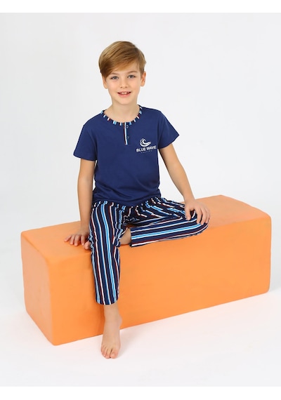 Vitmo Erkek Çocuk Kısa Kollu %100 Pamuklu Düğme Detaylı Wave Pijama Takımı İndigo