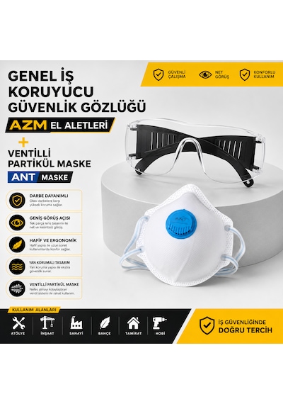 Azm El Aletleri Genel Iş Koruyucu Güvenlik Gözlüğü + Ant Maske Ventilli Partikül Maskesi Koruyucu Set Şeffaf Lens Iş Güvenliği Seti