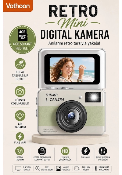 Retro Mini Dijital Kamera 1080p 1.47 İnç Flip Ekranlı Flaşlı Selfie Vlog Kamerası 4gb Sd li Ye