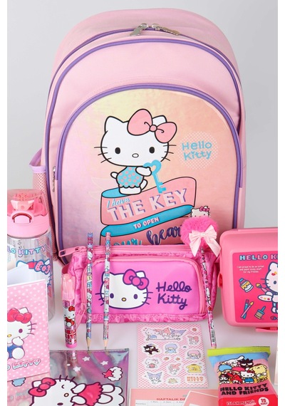 X Dekomus Heart Key Collection Hello Kitty Lisanslı Full Kırtasiye Seti İlkokul Çantası,beslenme Kabı,matara Açık Gri
