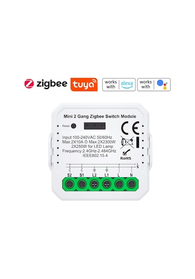 Tuya Uyumlu Zigbee Çift Çıkışlı Akıllı Anahtar 10A - 220V Röle