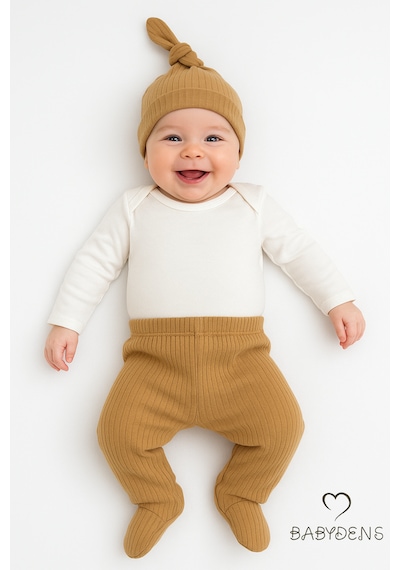 Babyden's 3'lü Bebek Zıbın Takımı Uzun Kollu Body, Patikli Pantolon Ve Şapka %100 Pamuk Fitilli Ribana Kumaş Kahverengi