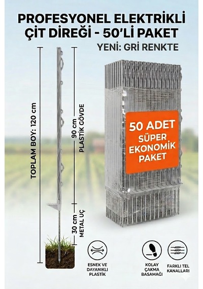 50 Adet 120cm Elektrikli Çit Plastik Direği Kendinden İzolatörlü Ayak Basmalı Çit Kazığı