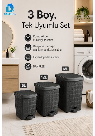 Jute 3 Lü Pedallı Çöp Kovası Seti Kapaklı Büyük Boy Plastik Banyo Mutfak Ofis Atık Kovası Siyah