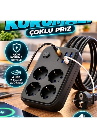 4 Prizli Akım Korumalı Çoklu Priz 4 Usb Ve 2 Type-c Şarj Çıkışlı Diğer