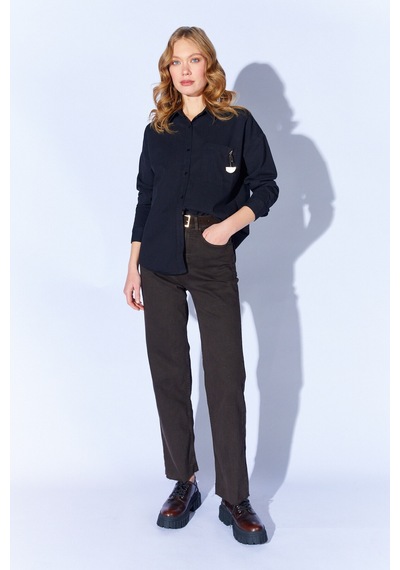 Manche Siyah Broş Detaylı Oversize Tek Cepli Gabardin Gömlek Mkw168174-01