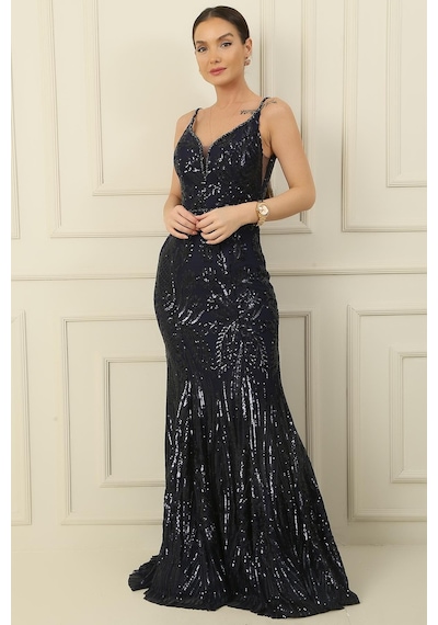 By Saygı İp Askılı Boncuk Ve Pul Şal Desenli Astarlı Geniş Beden Aralıklı Uzun Balık Elbise-36050-lacivert Lacivert By Saygı İp Askılı Boncuk Ve Pul Şal Desenli Astarlı Geniş Beden Aralıklı Uzun Balık Elbise-36050-lacivert Lacivert