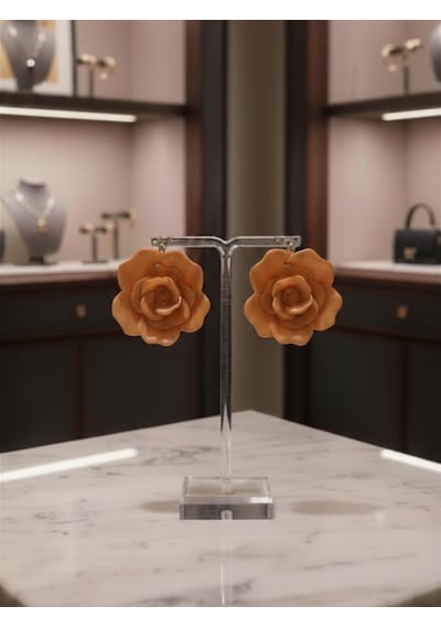 Kadın Küpe Büyük Turuncu Gül Model - 6 Cm Minimalist Halka/çivili Gül Çiçek Küpe