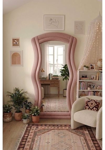 Lusso Pembe Renk Kumaş Kaplamalı Dalgalı Kavisli Ayaklı Boy Aynası 182x87 Cm