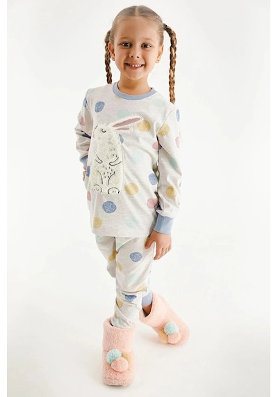 Kız Çocuk Pamuklu Uzun Kollu Tavşanlı Pijama Takımı-11393 Bej