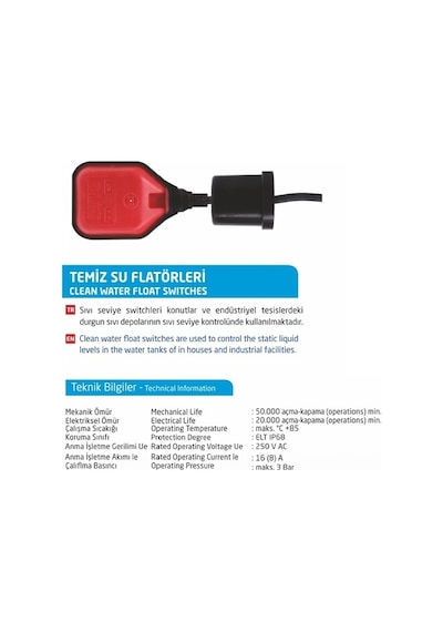 Element Temiz Su Otomatik Seviye Kontrol Cihaz Flatör 1.60M Ttr Kablolu