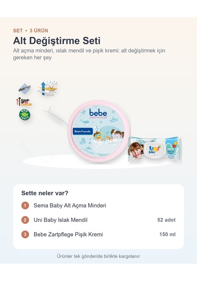 Alt Değiştirme Seti 3 Parça: Sema Baby Alt Açma Minderi + Uni Baby Islak Mendil + Pişik Kremi