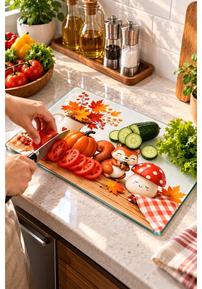 Gökçeoğlu Cam Kesme Tahtası Sonbahar Temalı - Cam Kesme Tablası 20cm X 30cm Çok Renkli