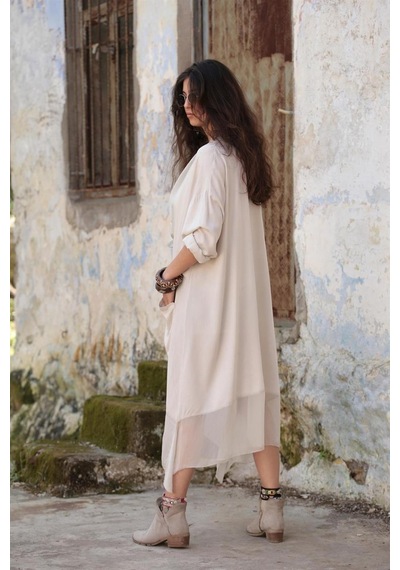 Bohem Stil Italyan Ipek Detaylı Oversize Kaftan & Bluz-8711 Krem