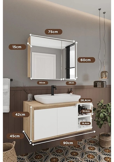 Lale Beyaz 90 Cm %100 Mdf Lavabolu Banyo Dolabı + Aynalı Dolap Beyaz Meşe Lale Beyaz 90 Cm %100 Mdf Lavabolu Banyo Dolabı + Aynalı Dolap Beyaz Meşe