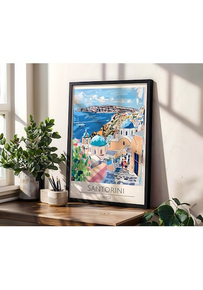 Santorini Oia Greece Travel Poster Ahşap Çerçeveli Dekoratif Duvar Tablosu