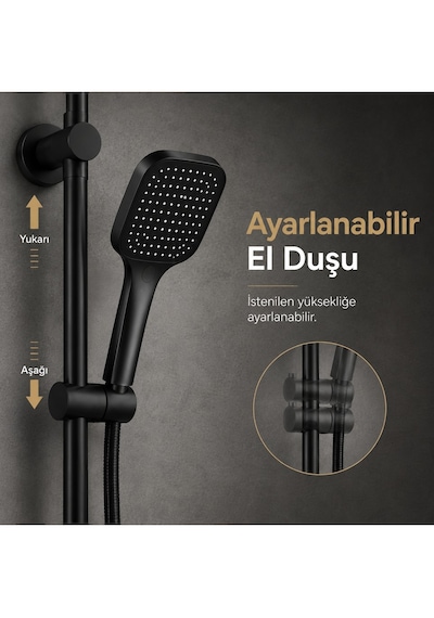 Manasır Mat Siyah Premium Lük Tepe Duş Seti