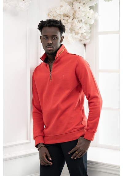 San&Fa Regular Fit Biyeli Fermuarlı Dik Yaka Armürlü Pamuklu Sweatshirt Nar Çiceği