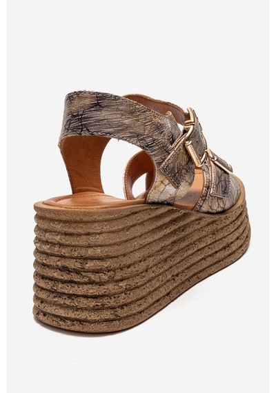 Luvishoes Mırette Altın Desenli Hakiki Deri Kadın Dolgu Tabanlı Sandalet