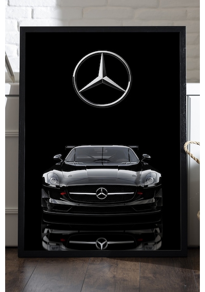 Mercedes Benz Sls Siyah Ahşap Çerçeveli Poster, Dekoratif Araba Duvar Tablosu