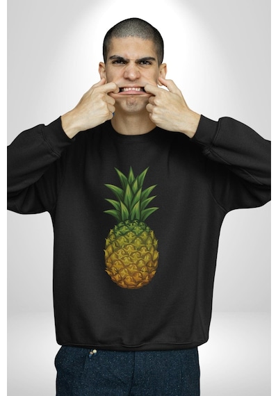 Ananas Meyve Unisex Siyah Baskılı Sweatshirt Siyah