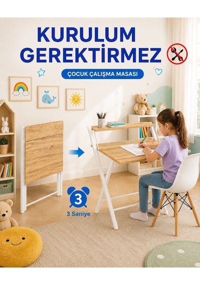 Dobo Çocuk Öğrenci Ders Masası Katlanır Çalışma Masası Beyaz - Çam