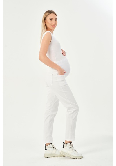 Busa Hamile Esnek Karın Bantlı Beli Ayarlanabilir Mom Fit Kot Pantolon Beyaz-beyaz
