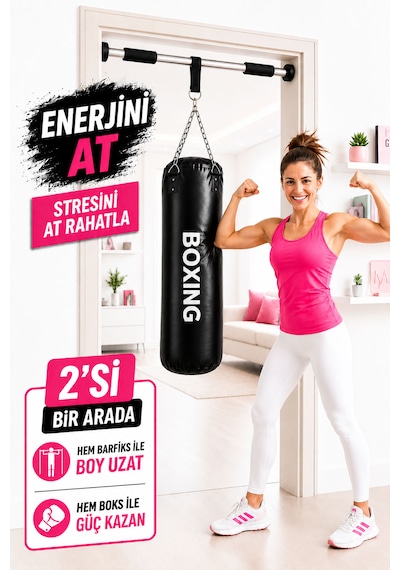 Spor Byfit 70 Cm Boks Torbası Ve Kapı Barfiks Demiri - 2 Si 1 Arada Siyah